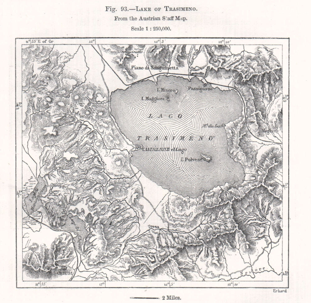 Lake of Trasimeno from the Austrian Staff Map. Perugia Italy. Sketch map 1885